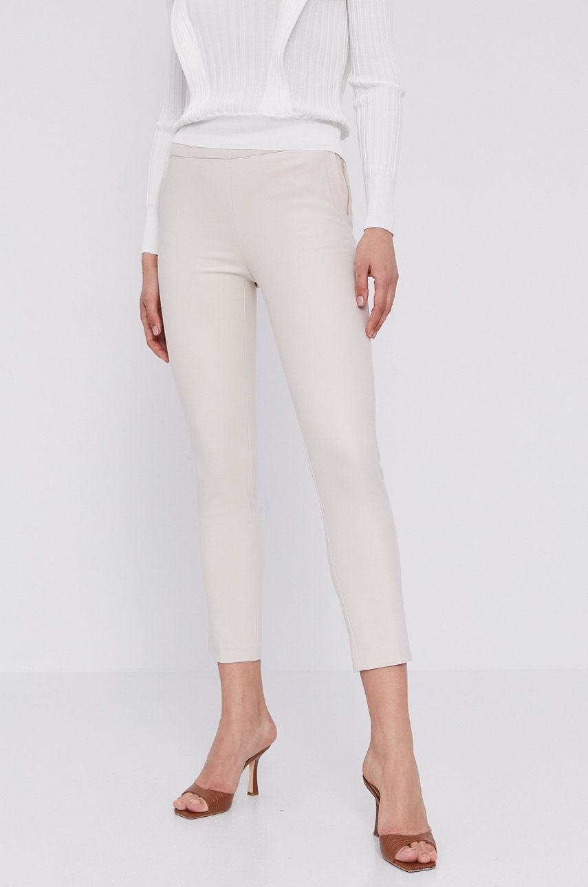 Kalhoty Morgan dámské, krémová barva, přiléhavé, medium waist - béžová -  Materiál č. 1: 53% Ba