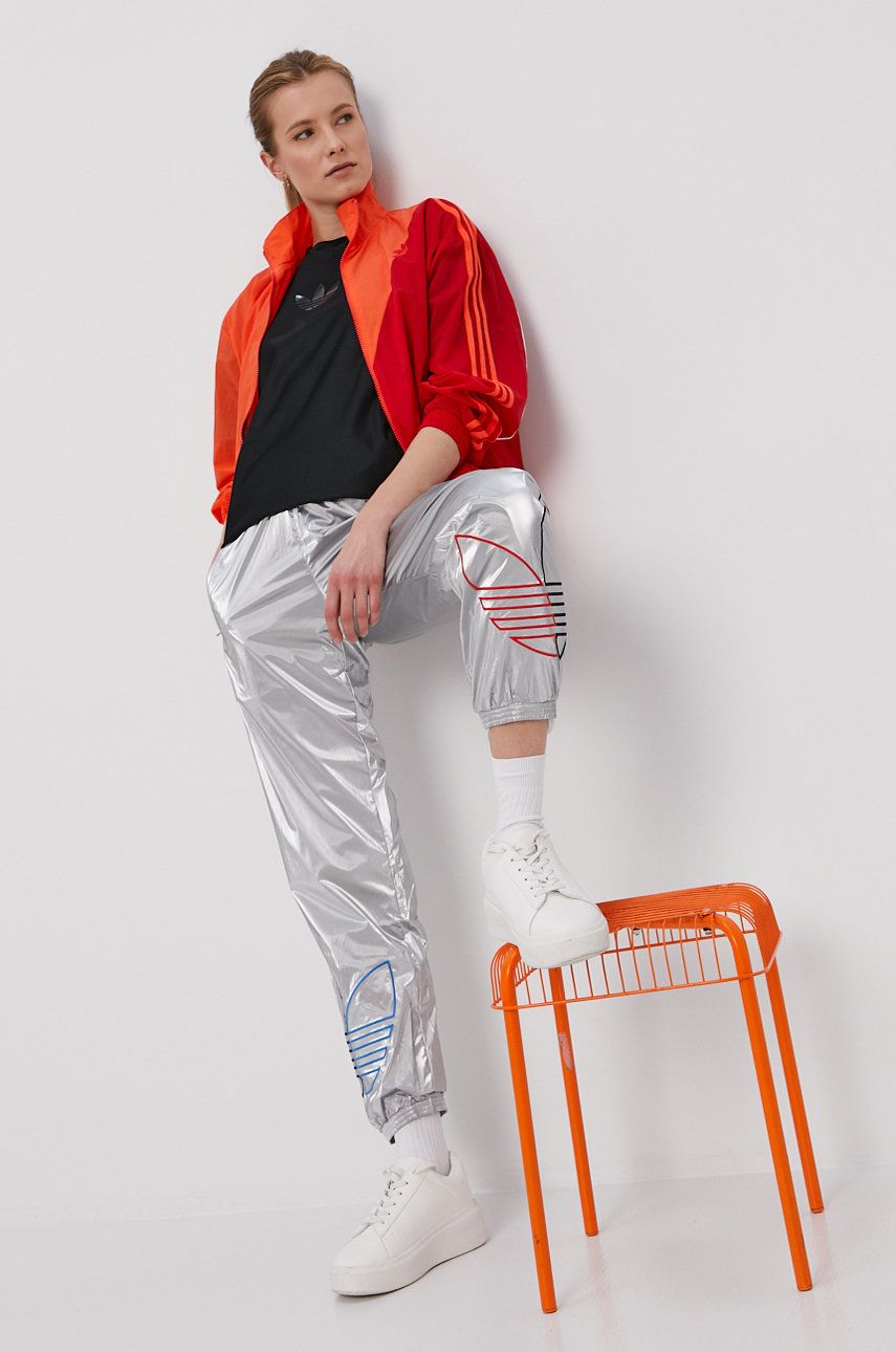 Adidas Originals Pantaloni femei, culoarea argintiu, cu imprimeu
