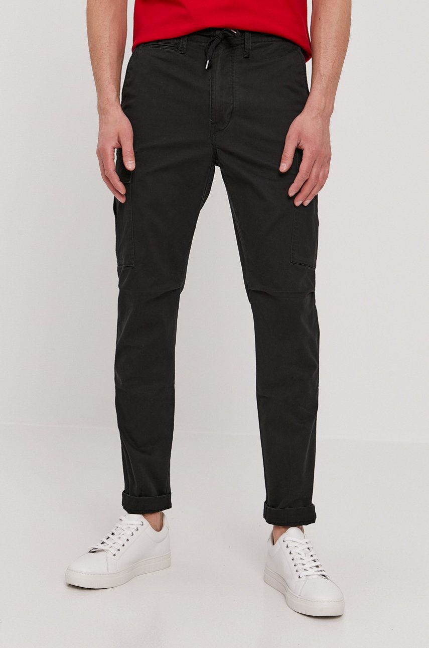 Kalhoty Polo Ralph Lauren pánské, černá barva, ve střihu cargo - černá -  97% Bavlna