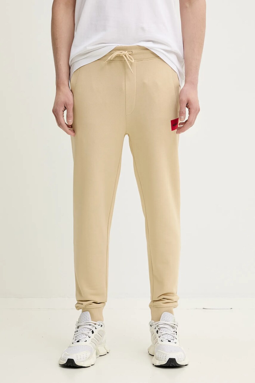 HUGO pantaloni de trening din bumbac culoarea bej, melanj, 50447963