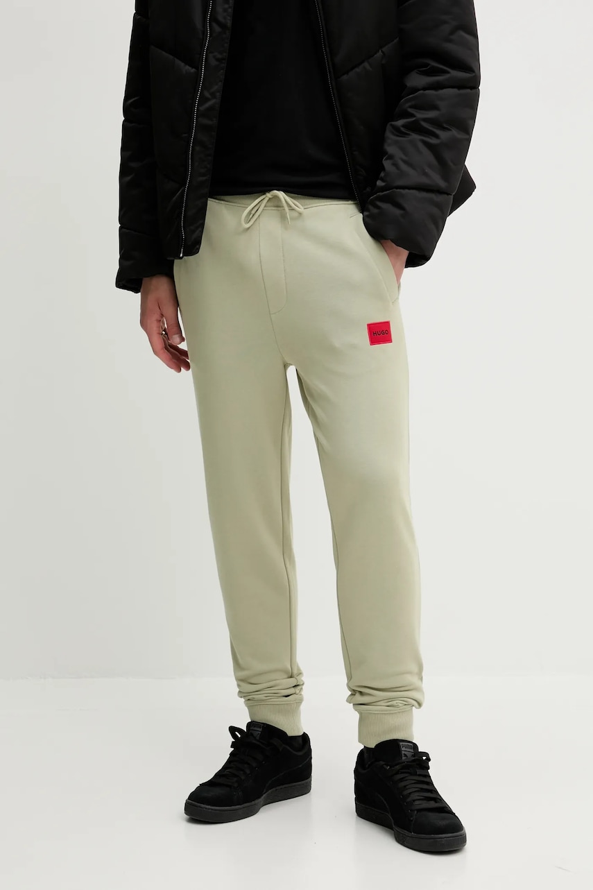 HUGO pantaloni de trening din bumbac culoarea verde, melanj, 50447963