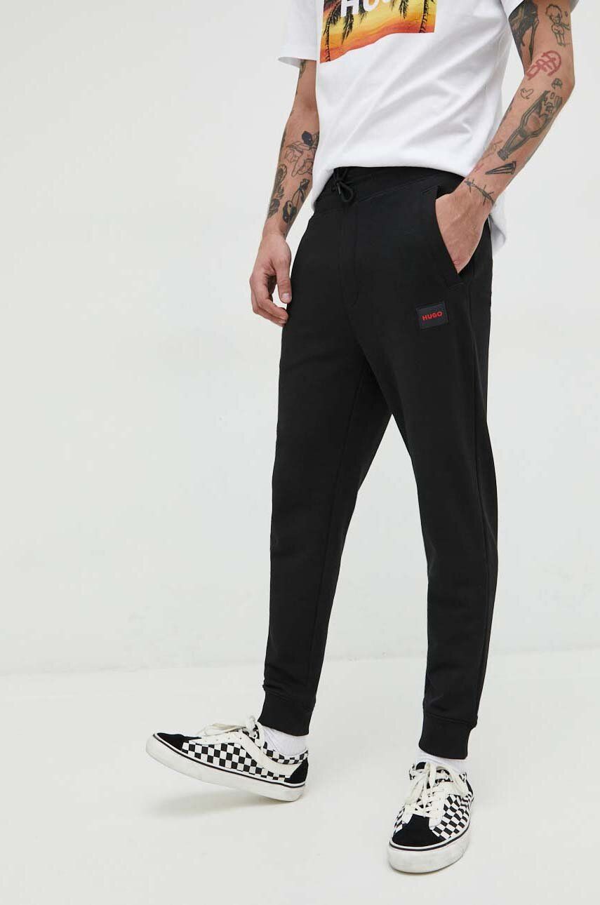 HUGO pantaloni de trening din bumbac barbati, culoarea negru, neted