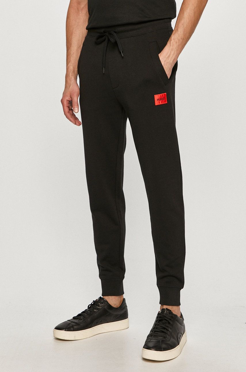 HUGO pantaloni de trening din bumbac barbati, culoarea negru, neted answear.ro