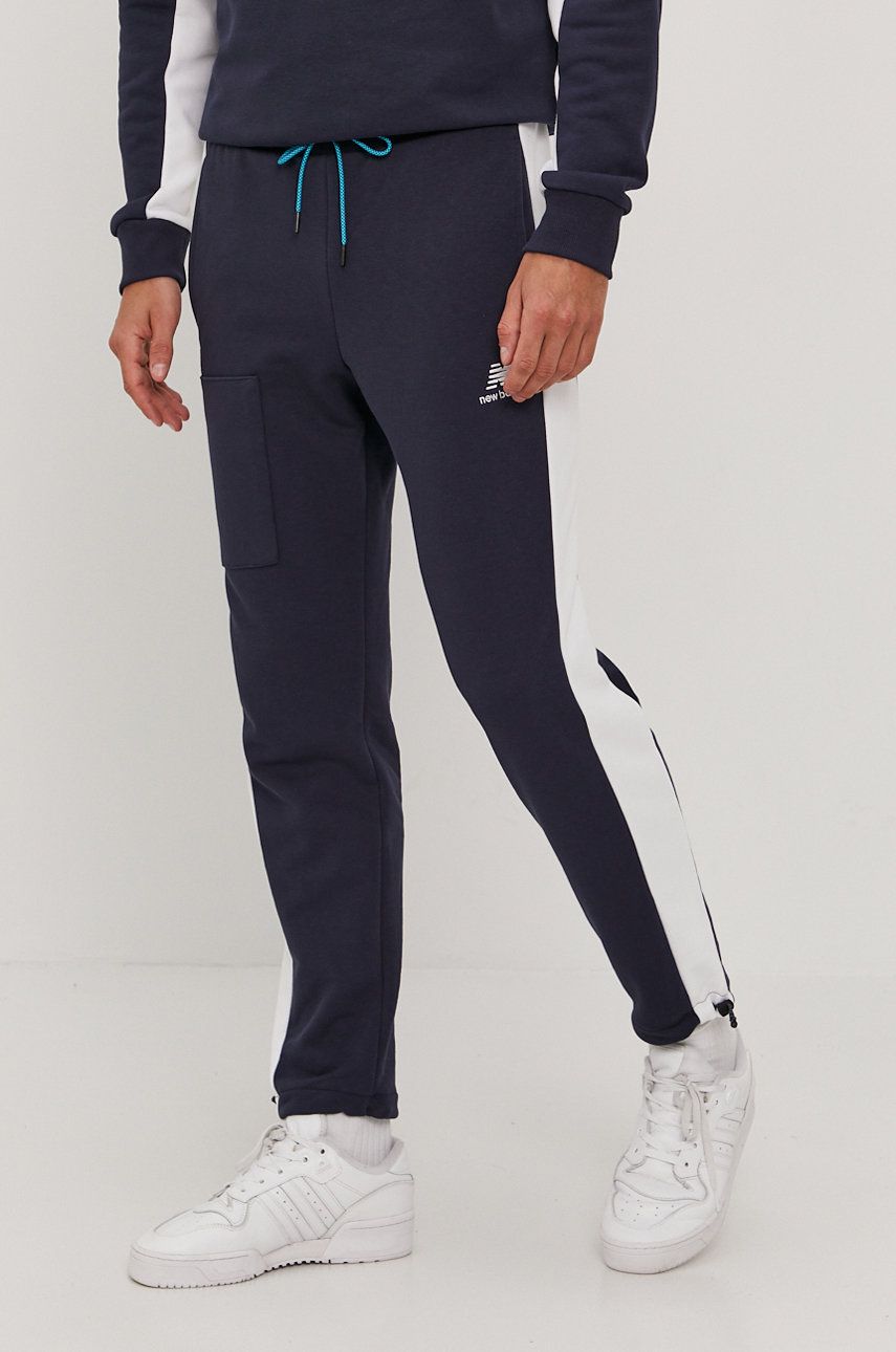 New Balance Pantaloni MP11501ECL bărbați, culoarea albastru marin, material neted