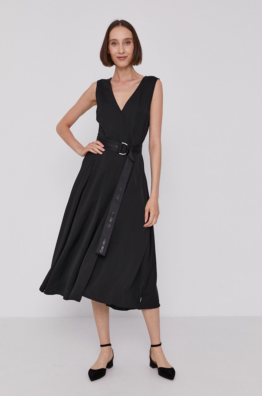 Calvin Klein Sukienka kolor czarny midi rozkloszowana