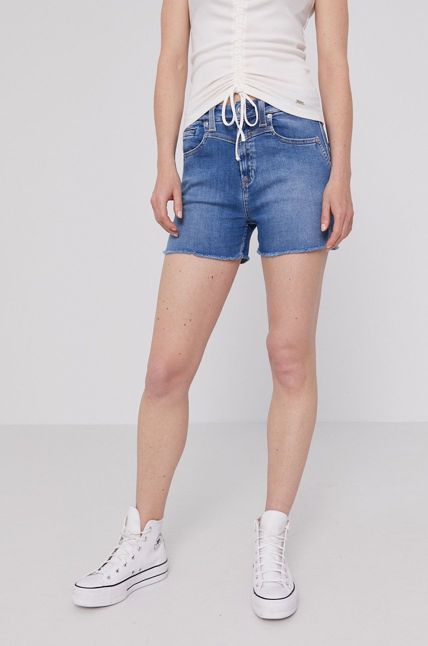 Džínové šortky Pepe Jeans Mary Archive dámské, hladké, high waist - modrá -  Podšívka: 35% Bavl