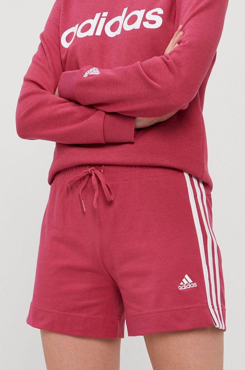 Adidas Pantaloni scurti femei, culoarea roz, material neted, medium waist