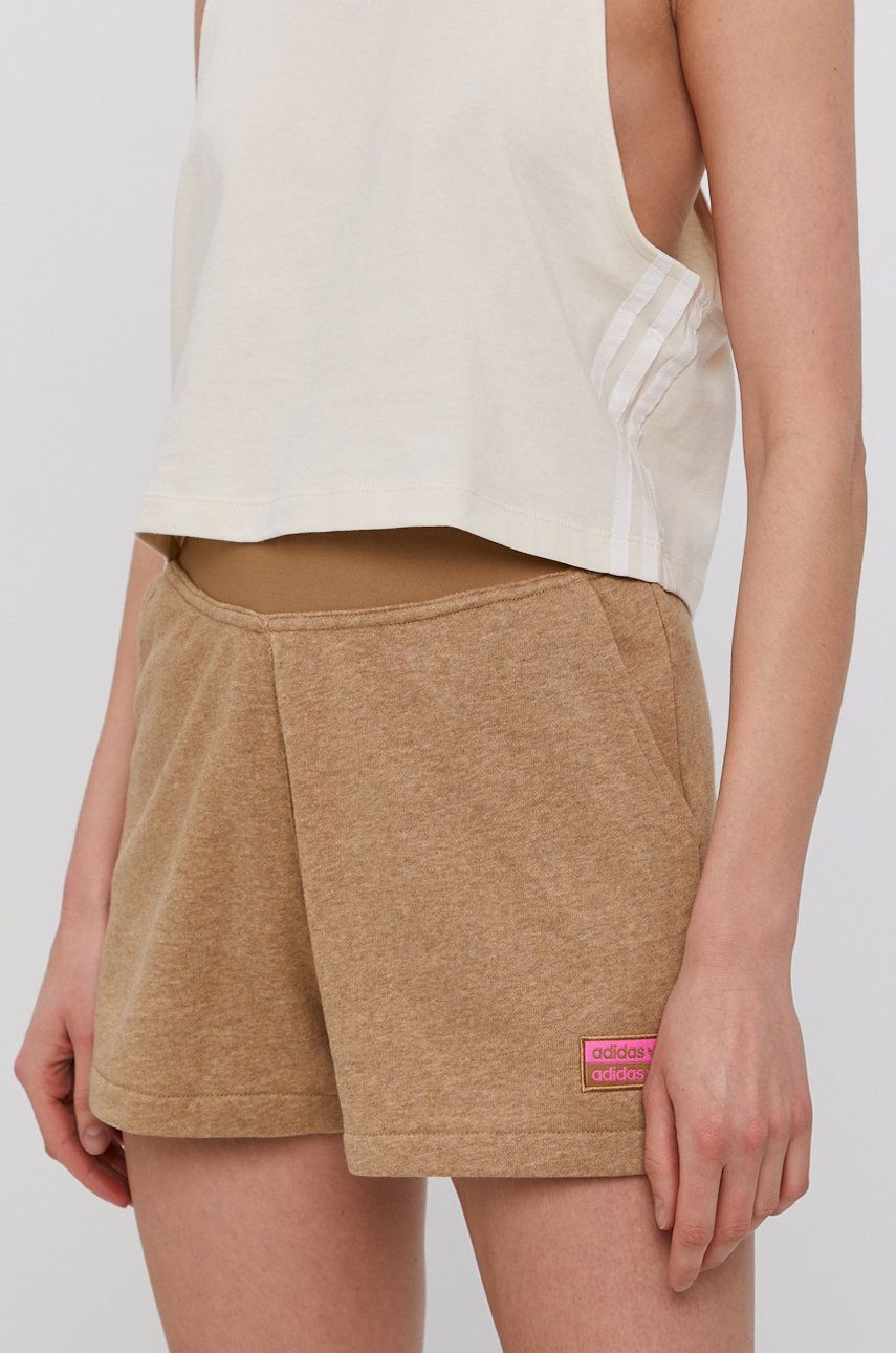 Adidas Originals Pantaloni scurti femei, culoarea maro, material neted, high waist