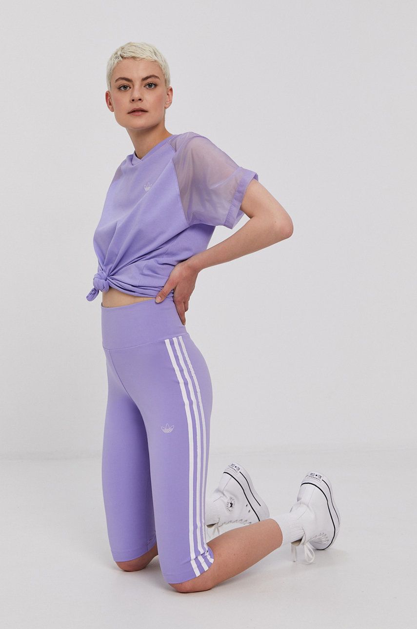 Adidas Originals Pantaloni scurti femei, culoarea violet, cu imprimeu, high waist