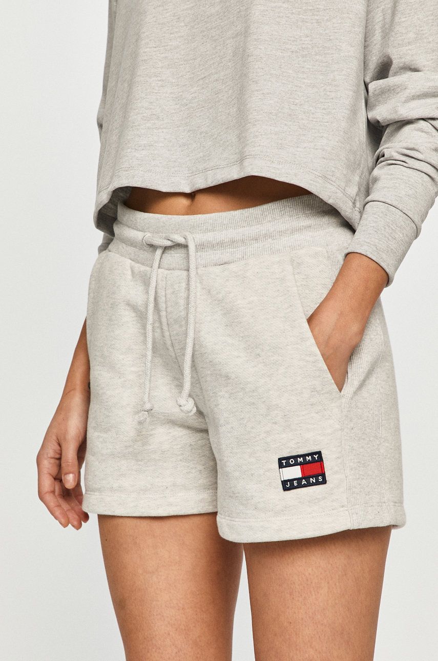 Tommy Jeans Pantaloni scurți femei, culoarea gri, material neted, high waist