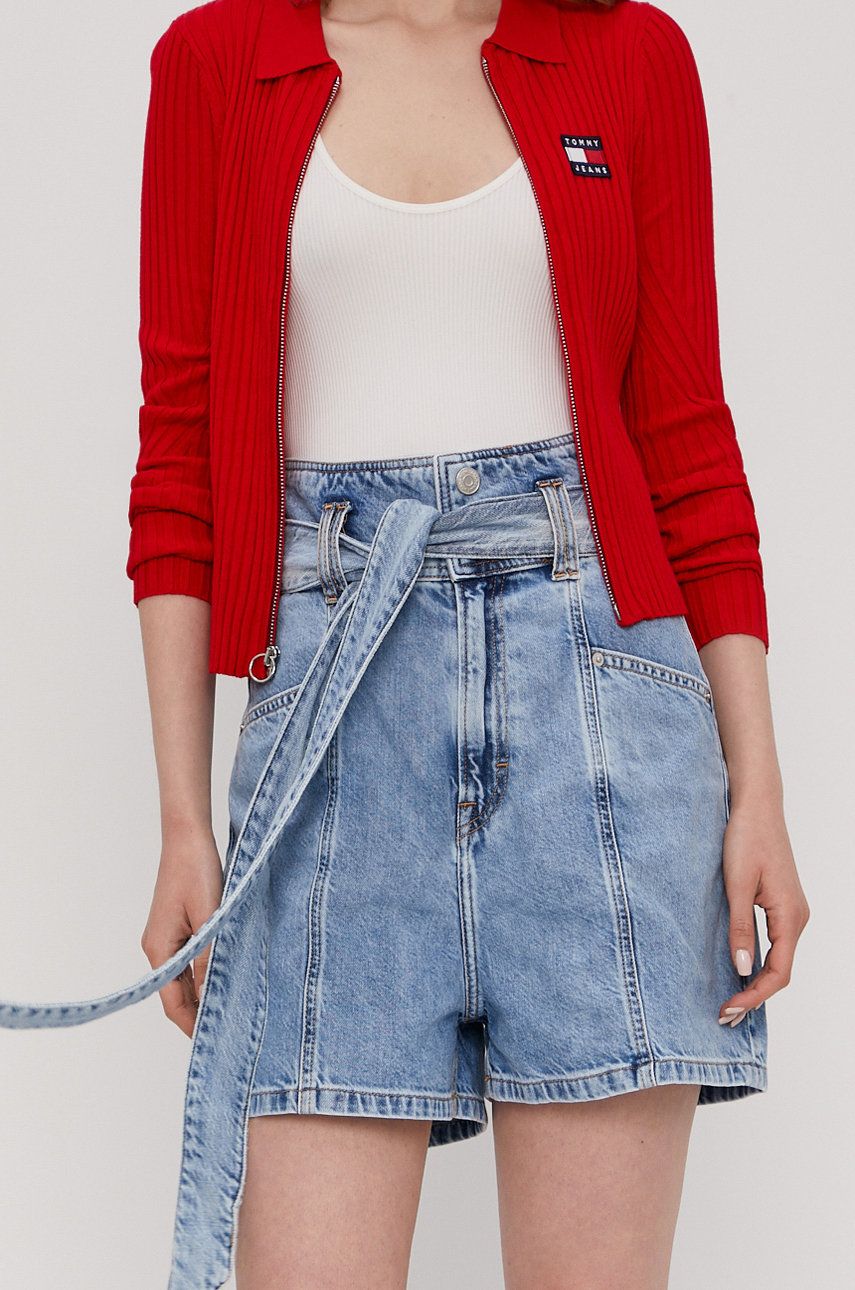 Tommy Jeans Pantaloni scurti jeans femei, material neted, high waist