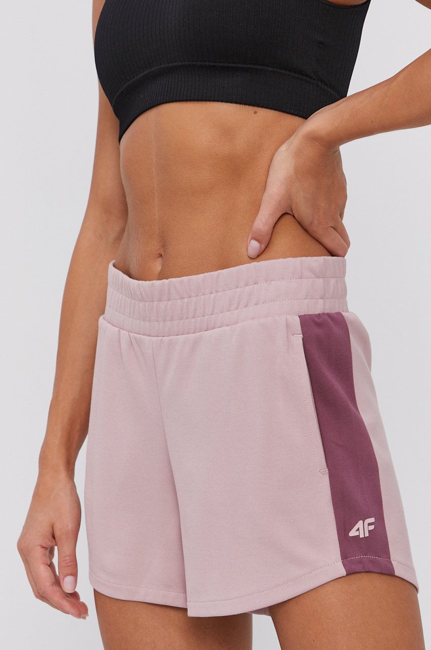 4F Pantaloni scurti femei, culoarea roz, material neted, medium waist