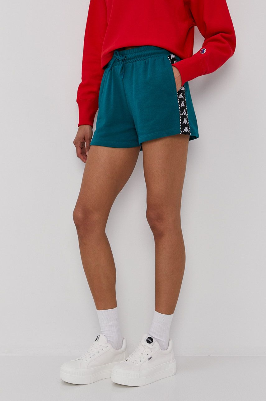 Kappa Pantaloni scurți femei, culoarea verde, cu imprimeu, medium waist answear.ro