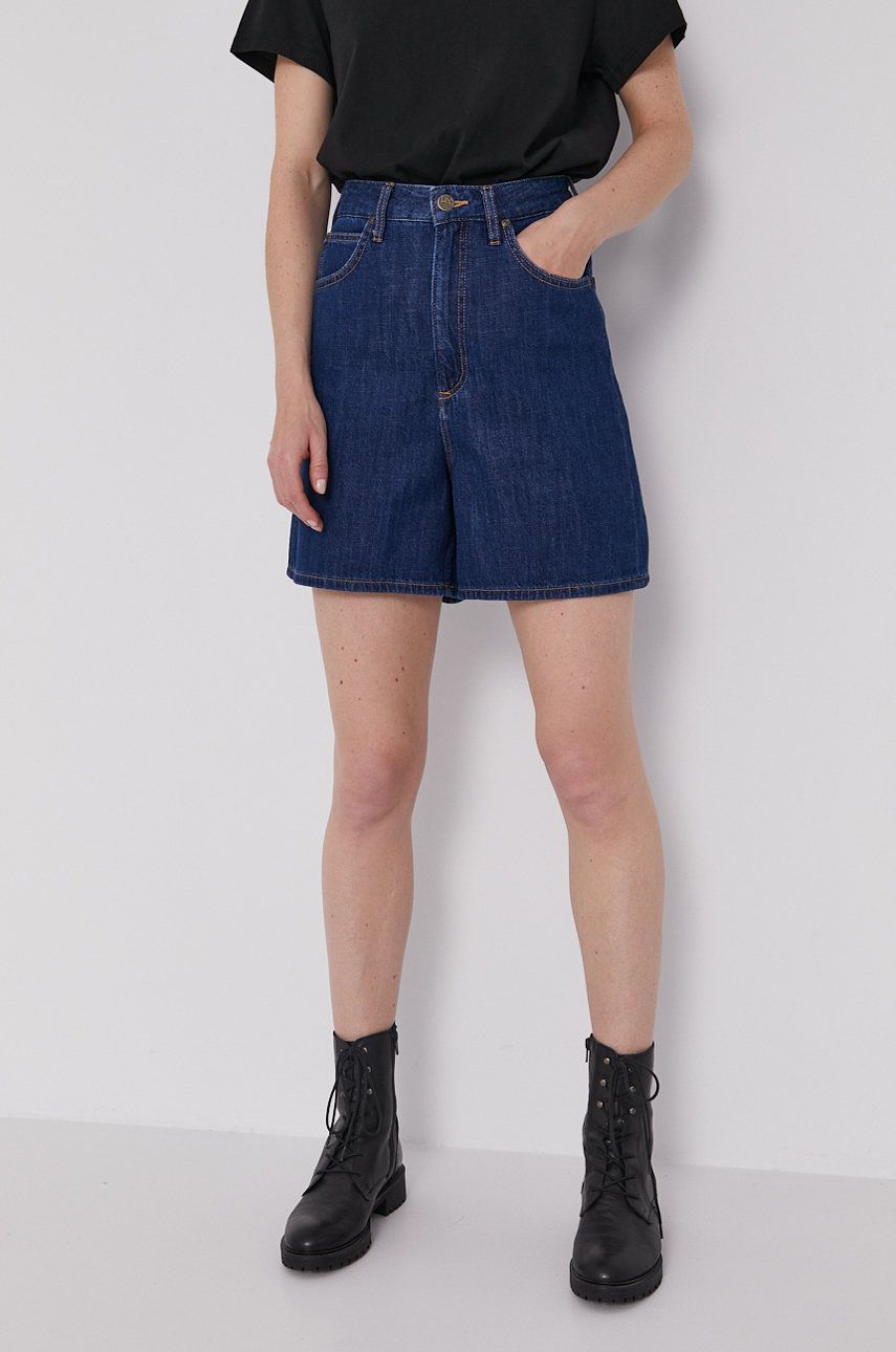 Lee Pantaloni scurti jeans femei, culoarea albastru marin, material neted, high waist