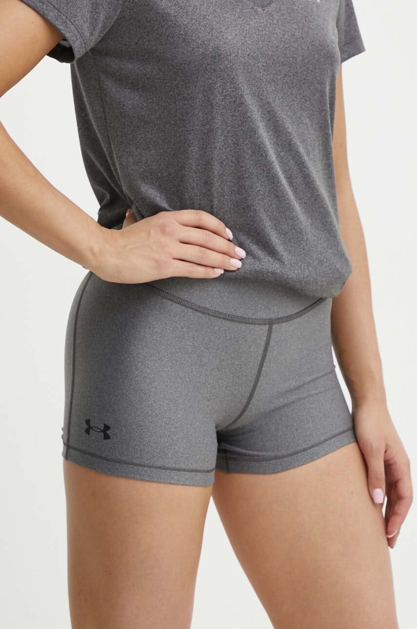 Under Armour pantaloni scurti femei, culoarea gri, neted, high waist