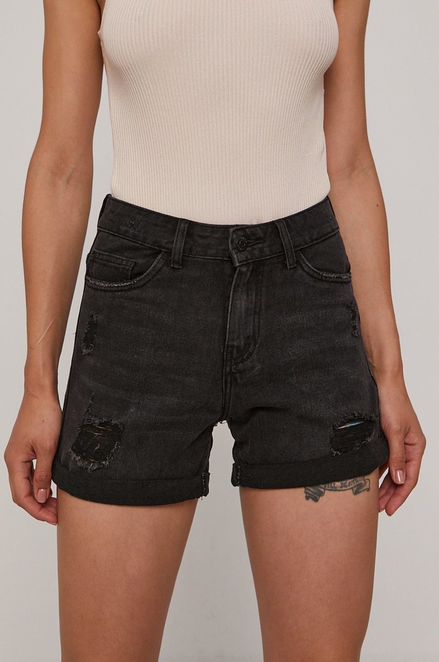Haily's Pantaloni scurti jeans femei, culoarea negru, material neted, high waist