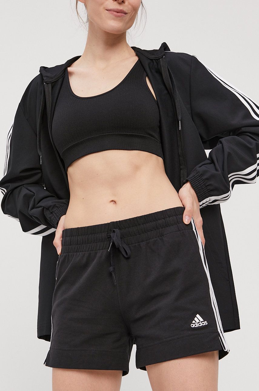 Adidas Pantaloni scurti femei, culoarea negru, material neted, medium waist