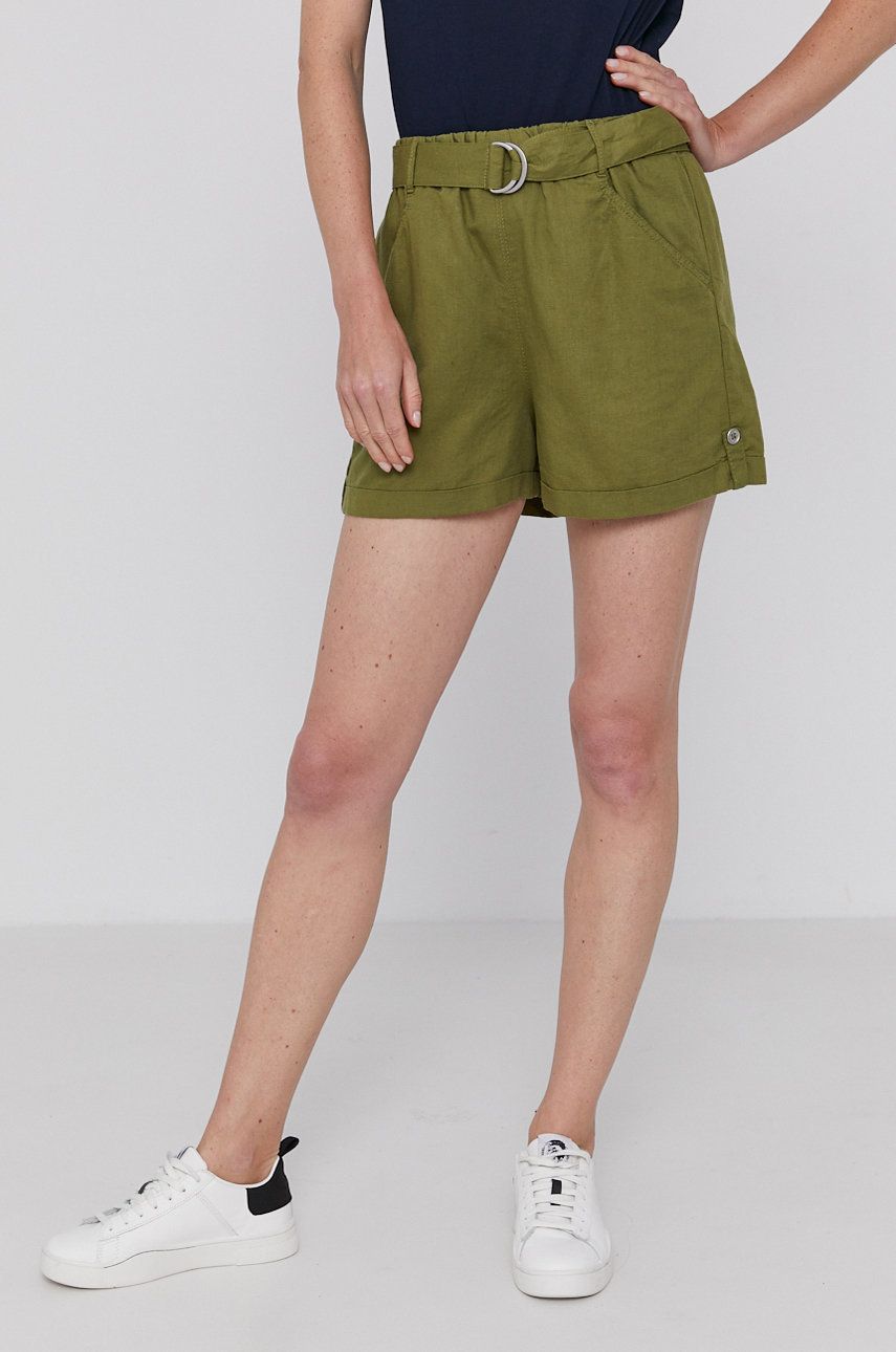 United Colors of Benetton Pantaloni scurți femei, culoarea verde, material neted, high waist