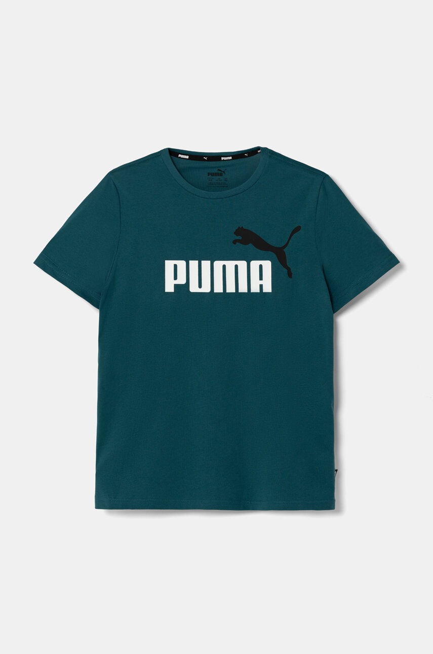 

Детска памучна тениска Puma в зелено с принт, Зелен