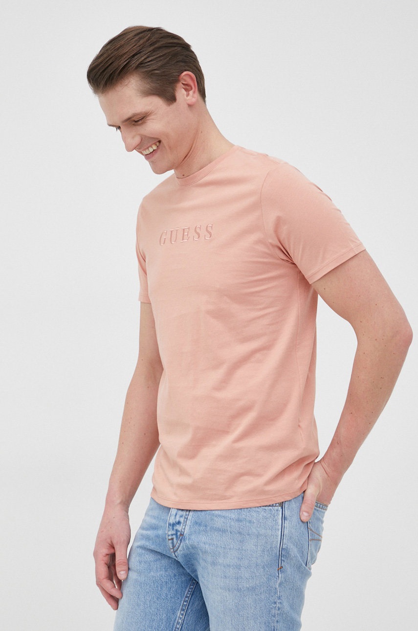 

Памучна тениска Guess в розово с апликация, Розов