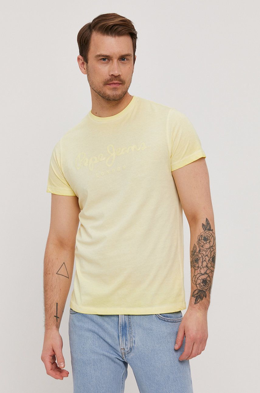 Pepe Jeans Tricou West bărbați, culoarea galben, cu imprimeu