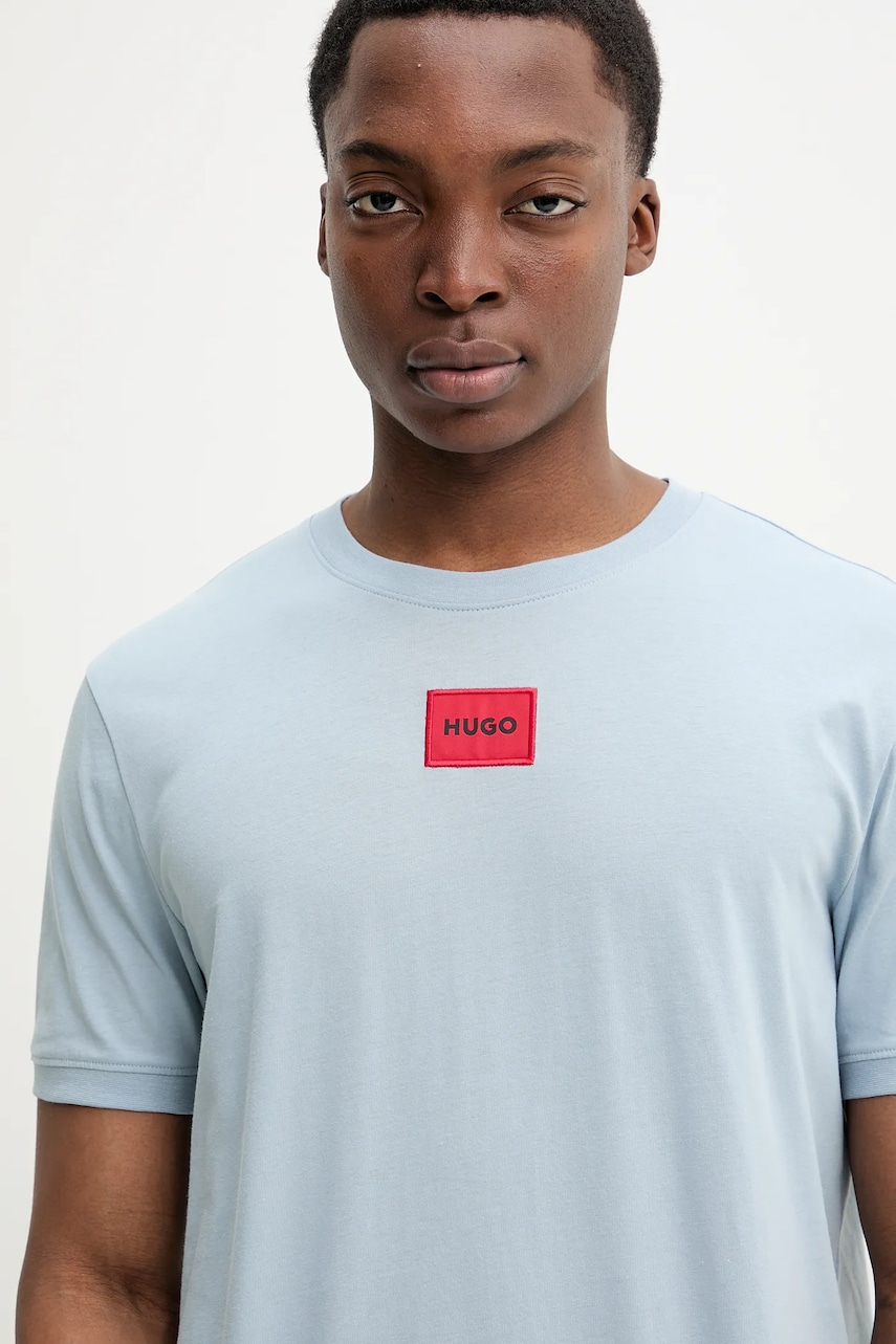 Хлопковая футболка HUGO мужская цвет бирюзовый с аппликацией 50447978 Хлопковая футболка HUGO мужская цвет бирюзовый с аппликацией 50447978