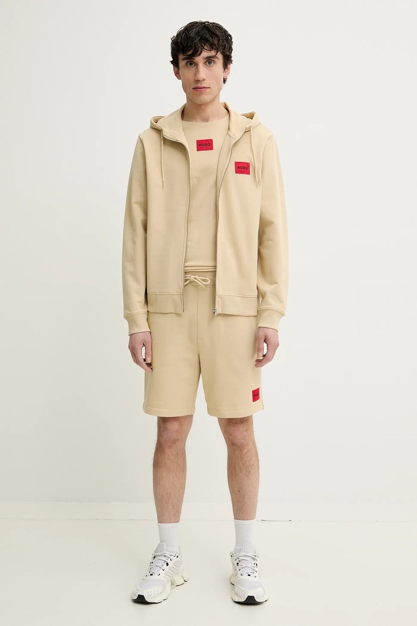 Хлопковая футболка HUGO мужская цвет бежевый с аппликацией 50447978 Хлопковая футболка HUGO мужская цвет бежевый с аппликацией 50447978