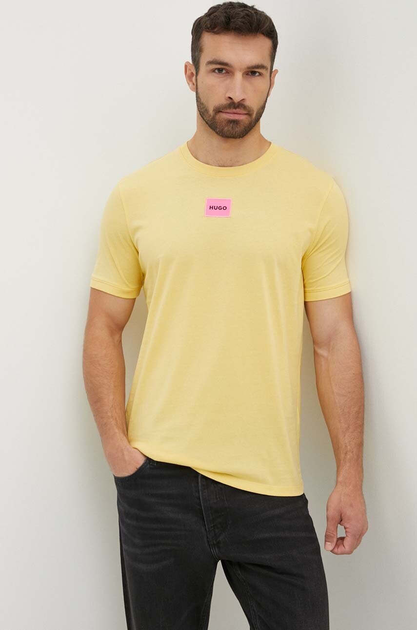 HUGO tricou din bumbac barbati, culoarea galben, cu imprimeu, 50447978
