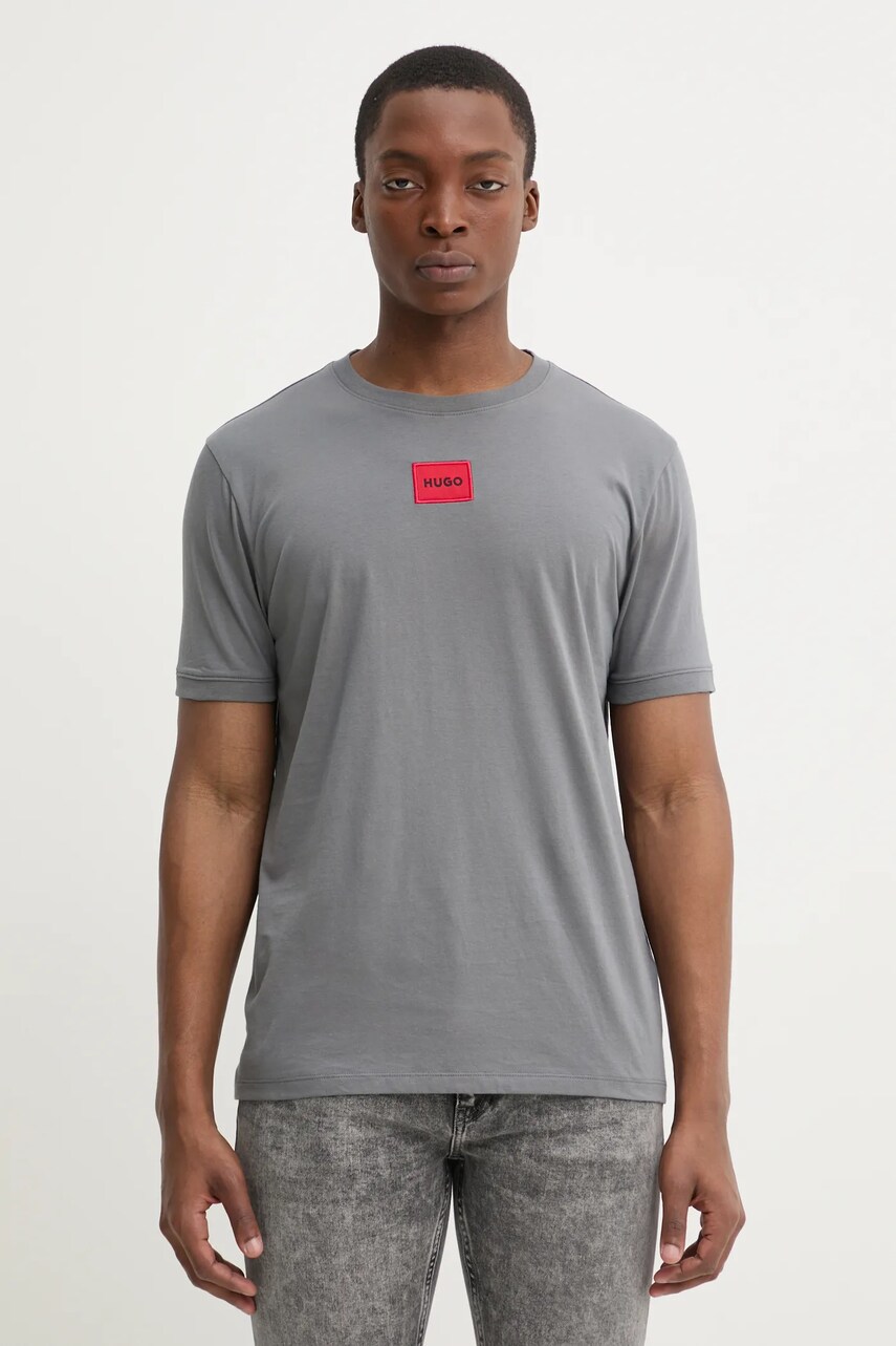HUGO tricou din bumbac bărbați, culoarea gri, cu imprimeu, 50447978