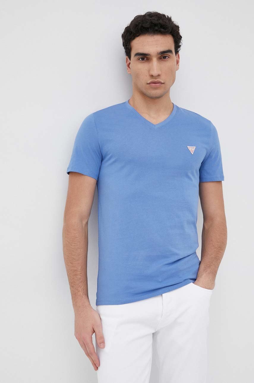 

Памучна тениска Guess с изчистен дизайн, Син