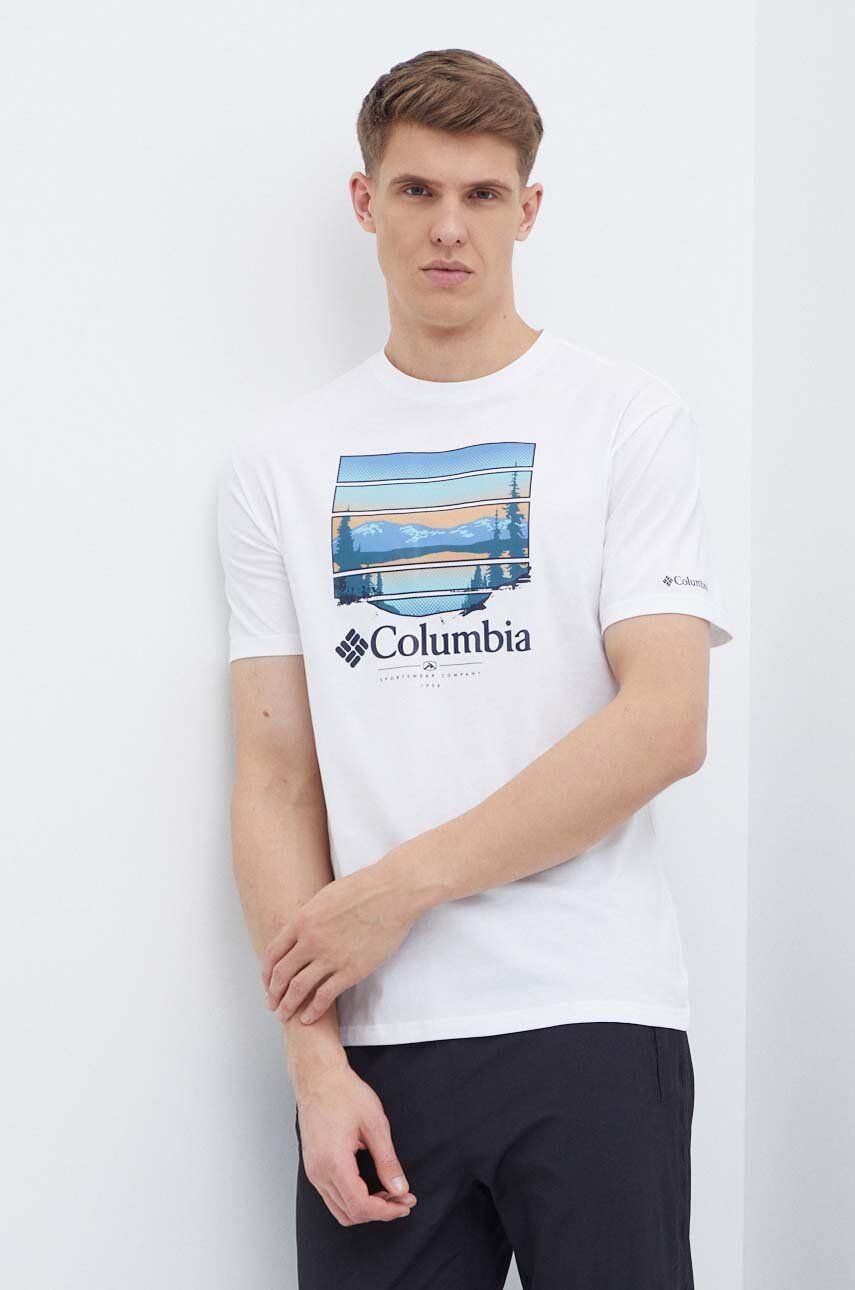 Columbia tricou din bumbac Path Lake culoarea alb, cu imprimeu 1934814