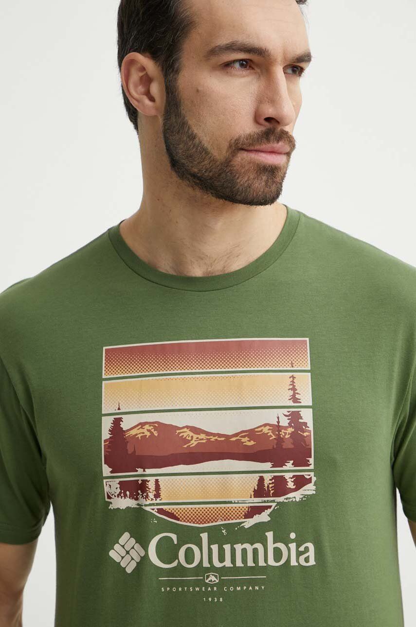 Columbia tricou din bumbac Path Lake bărbați, culoarea verde, cu imprimeu 1934814