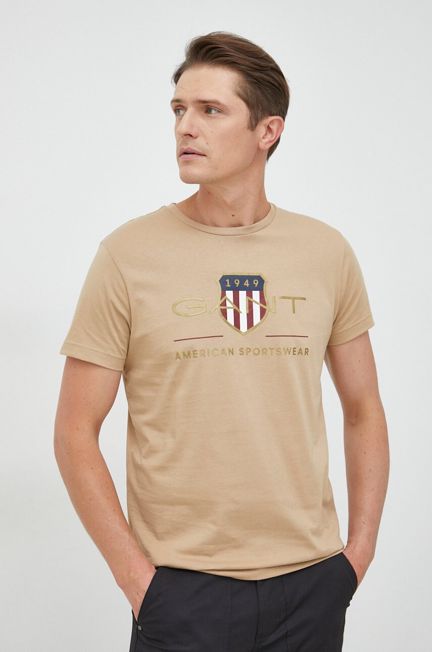 Gant tricou din bumbac culoarea bej, cu imprimeu