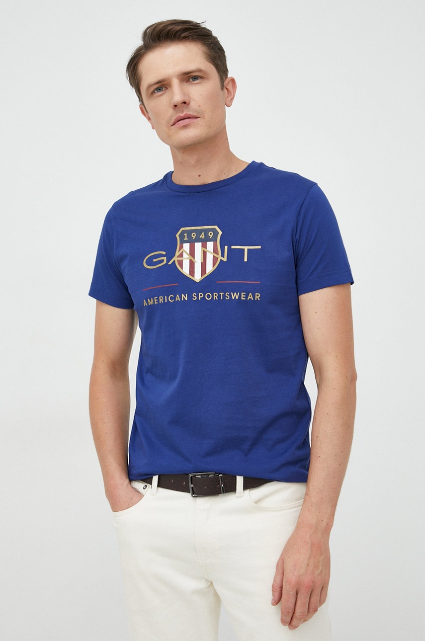 

Памучна тениска Gant в тъмносиньо с принт, Тъмносин