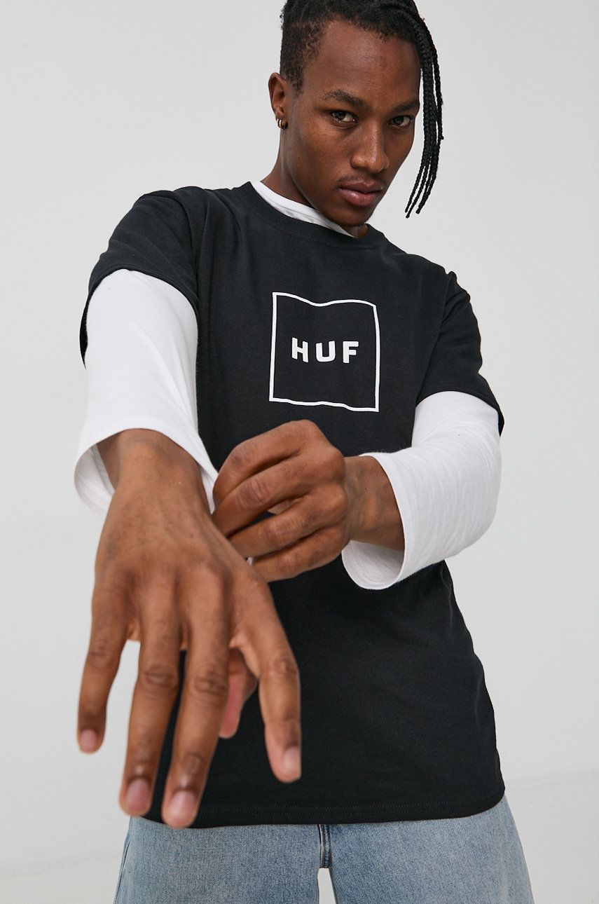 Bavlněné tričko HUF černá barva, s potiskem - černá - 90 % Bavlna