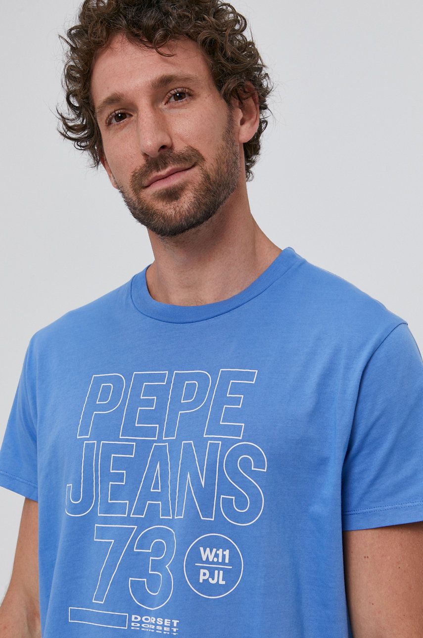 Tričko Pepe Jeans SKYLER pánské, s potiskem - modrá -  100% Bavlna
