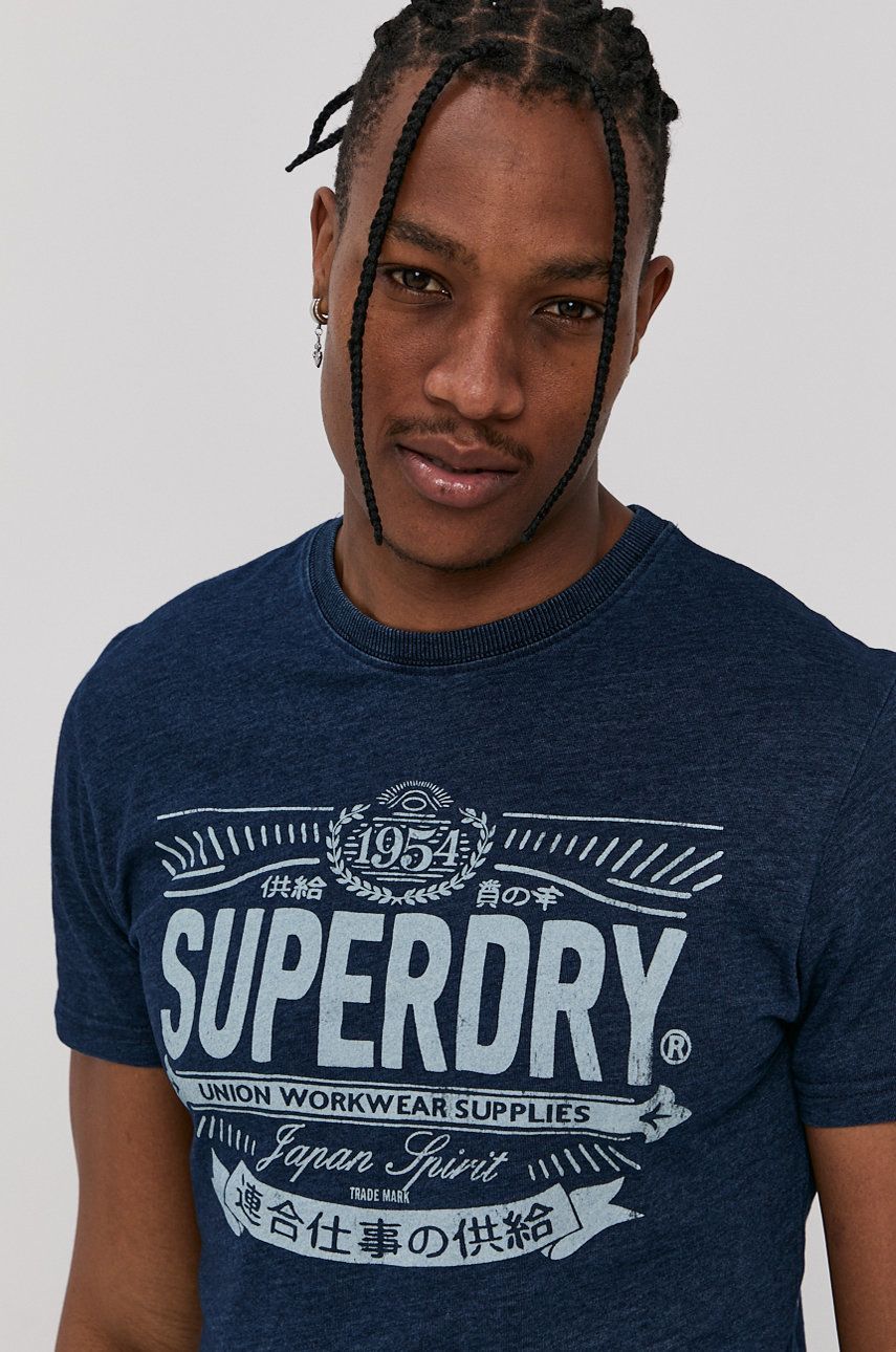 Superdry Tricou din bumbac culoarea albastru marin, cu imprimeu