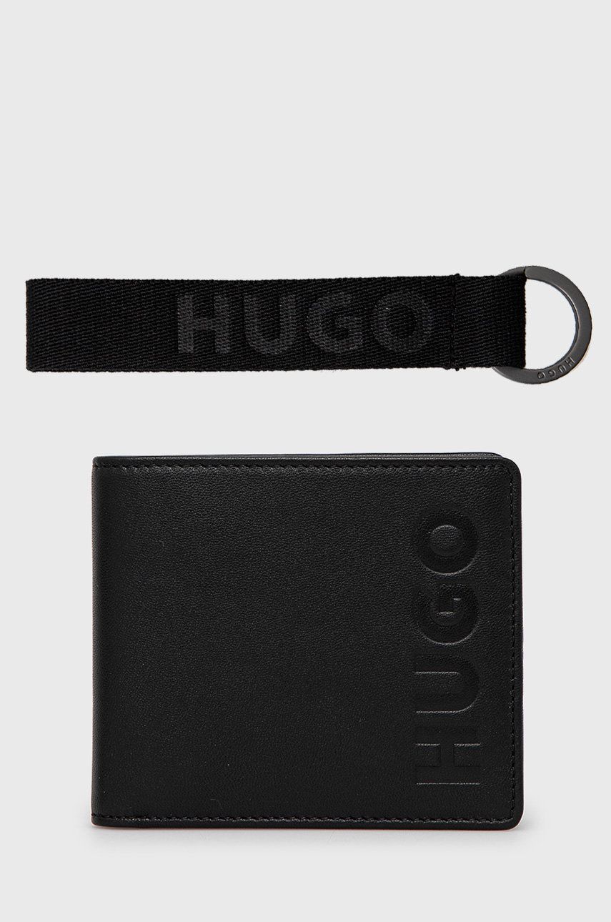 HUGO portfel skórzany + brelok męski kolor czarny