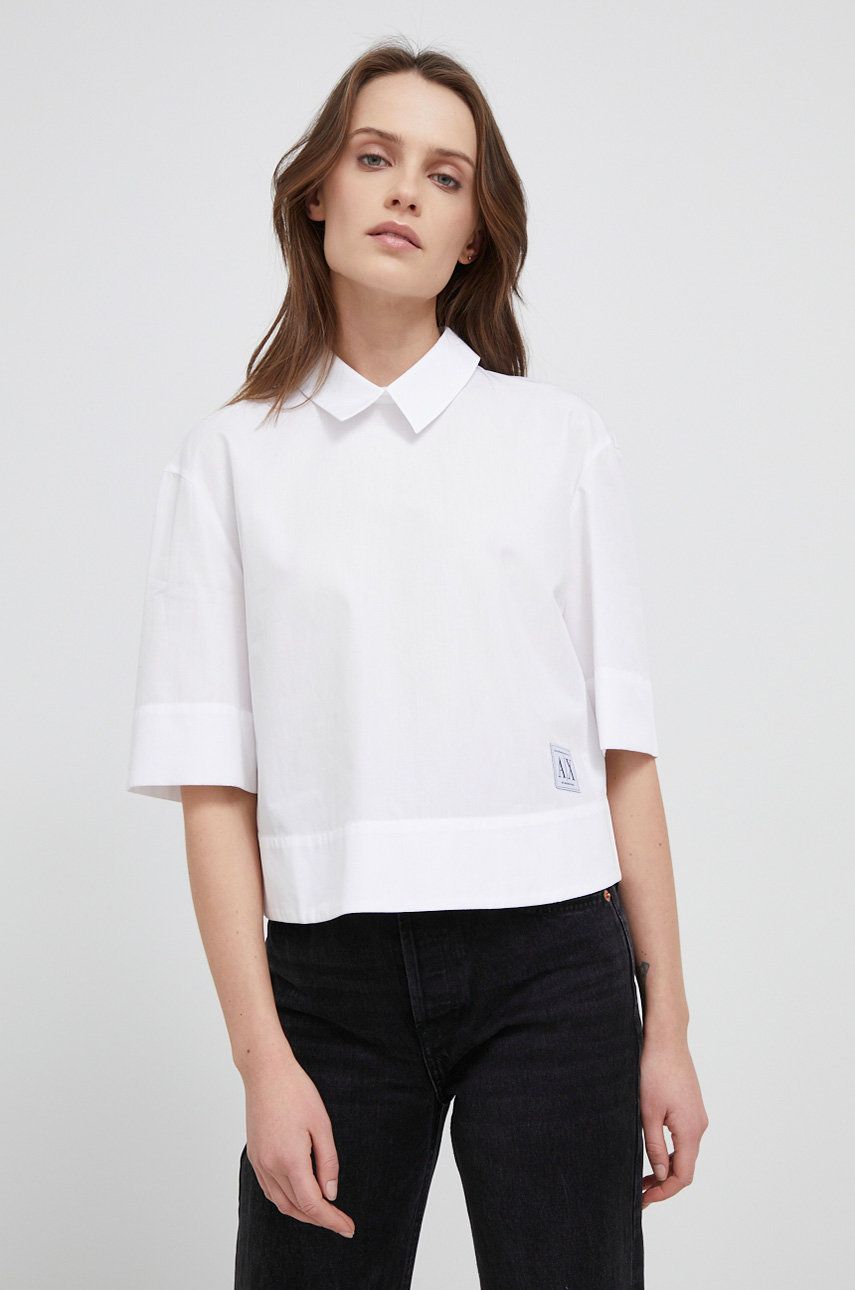 Armani Exchange bluza din bumbac femei, culoarea alb, neted imagine reduceri black friday 2021 answear.ro