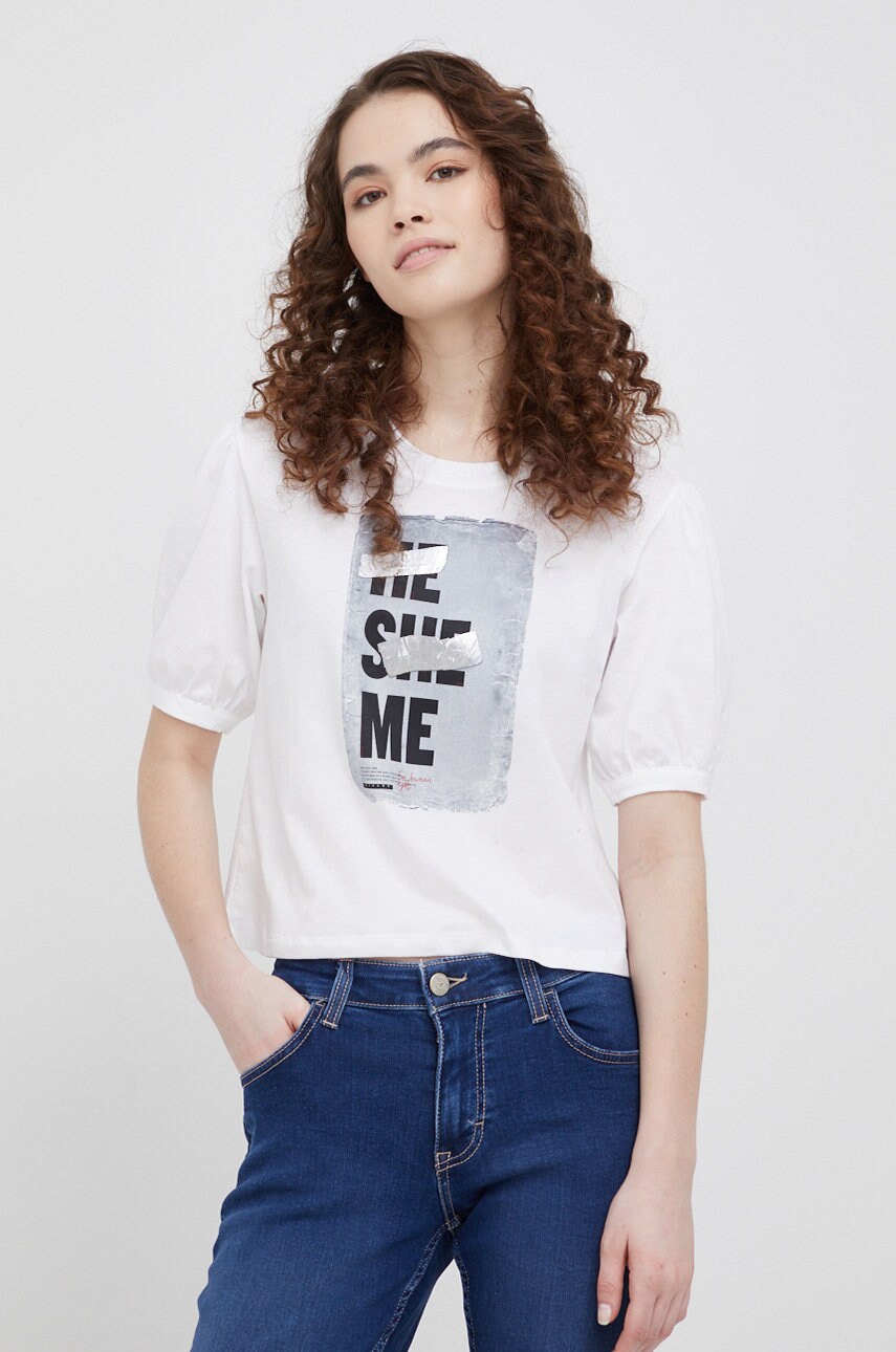 Sisley tricou din bumbac femei, culoarea alb, cu imprimeu