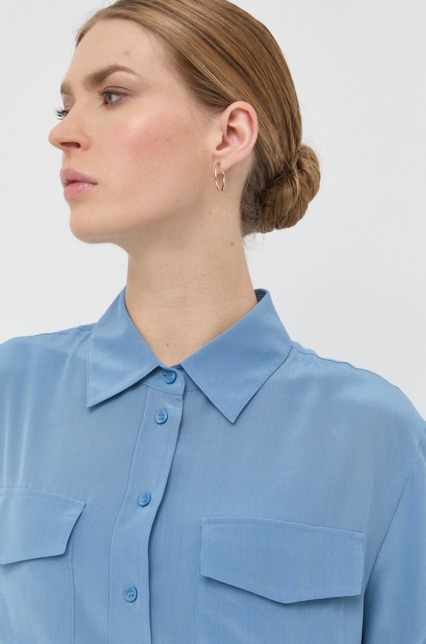 

Копринена риза BOSS дамска в синьо със стандартна кройка с класическа яка, Син