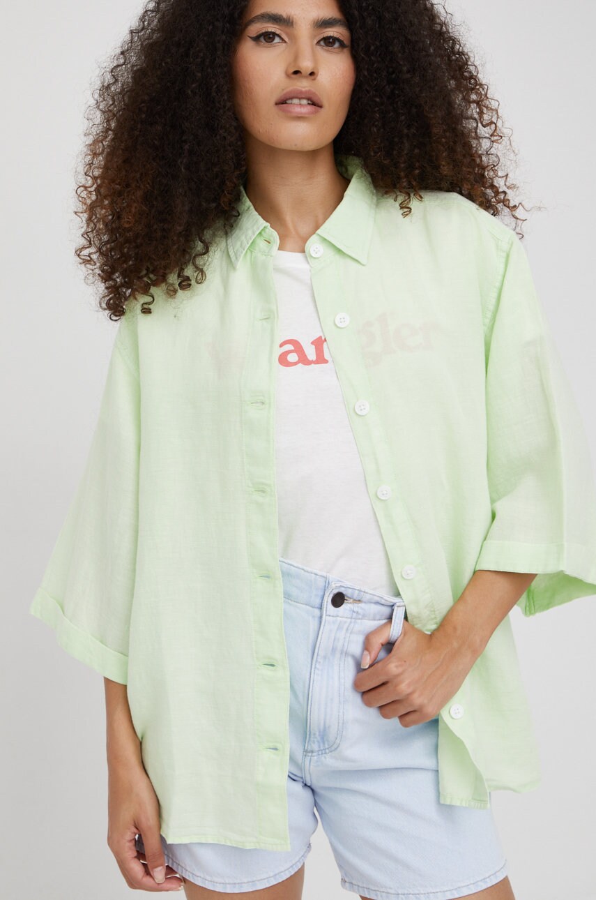 Wrangler camasa de in femei, culoarea verde, cu guler clasic, relaxed