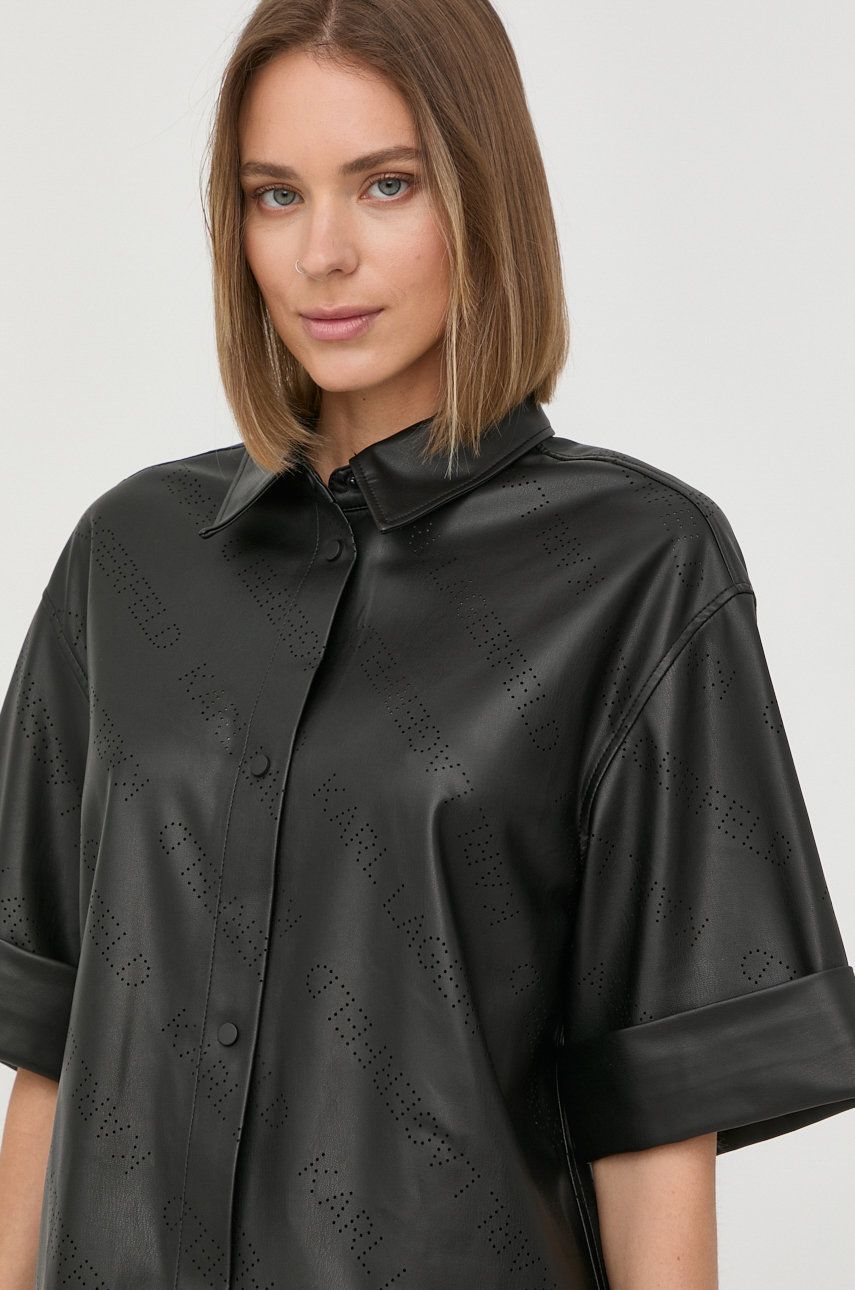 Karl Lagerfeld camasa femei, culoarea negru, cu guler clasic, relaxed