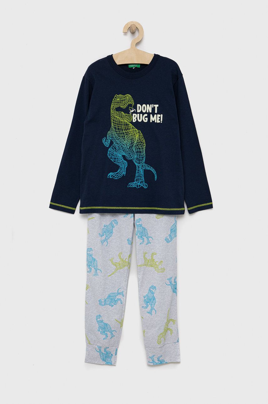 United Colors of Benetton pijamale de bumbac pentru copii culoarea albastru marin, cu imprimeu