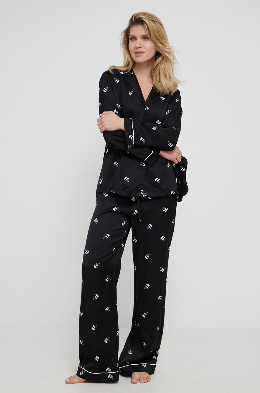 Karl Lagerfeld piżama z opaską na oczy 220W2130 damska kolor czarny satynowa