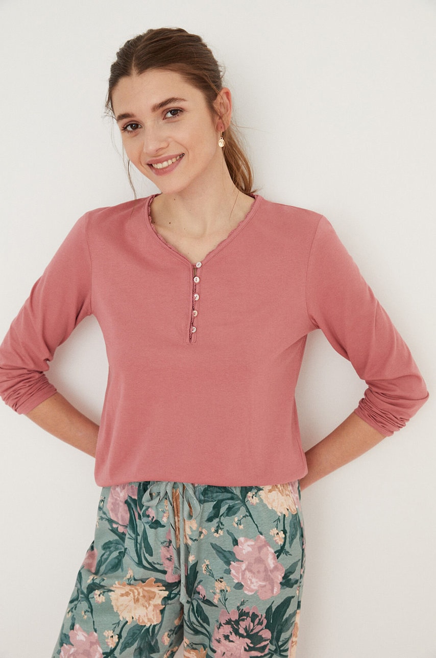 Women'secret longsleeve de pijama culoarea roz, bumbac