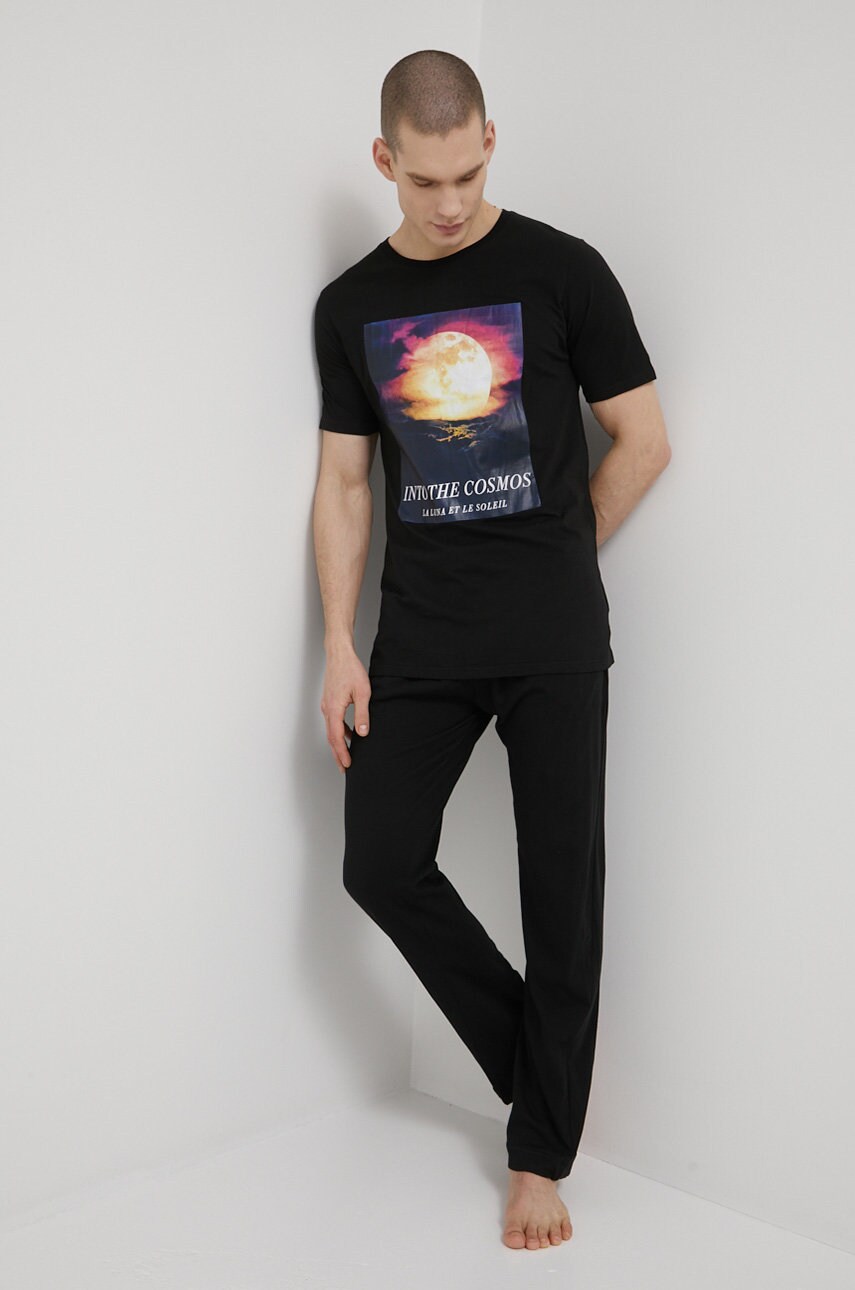 Brave soul pijamale de bumbac culoarea negru, neted