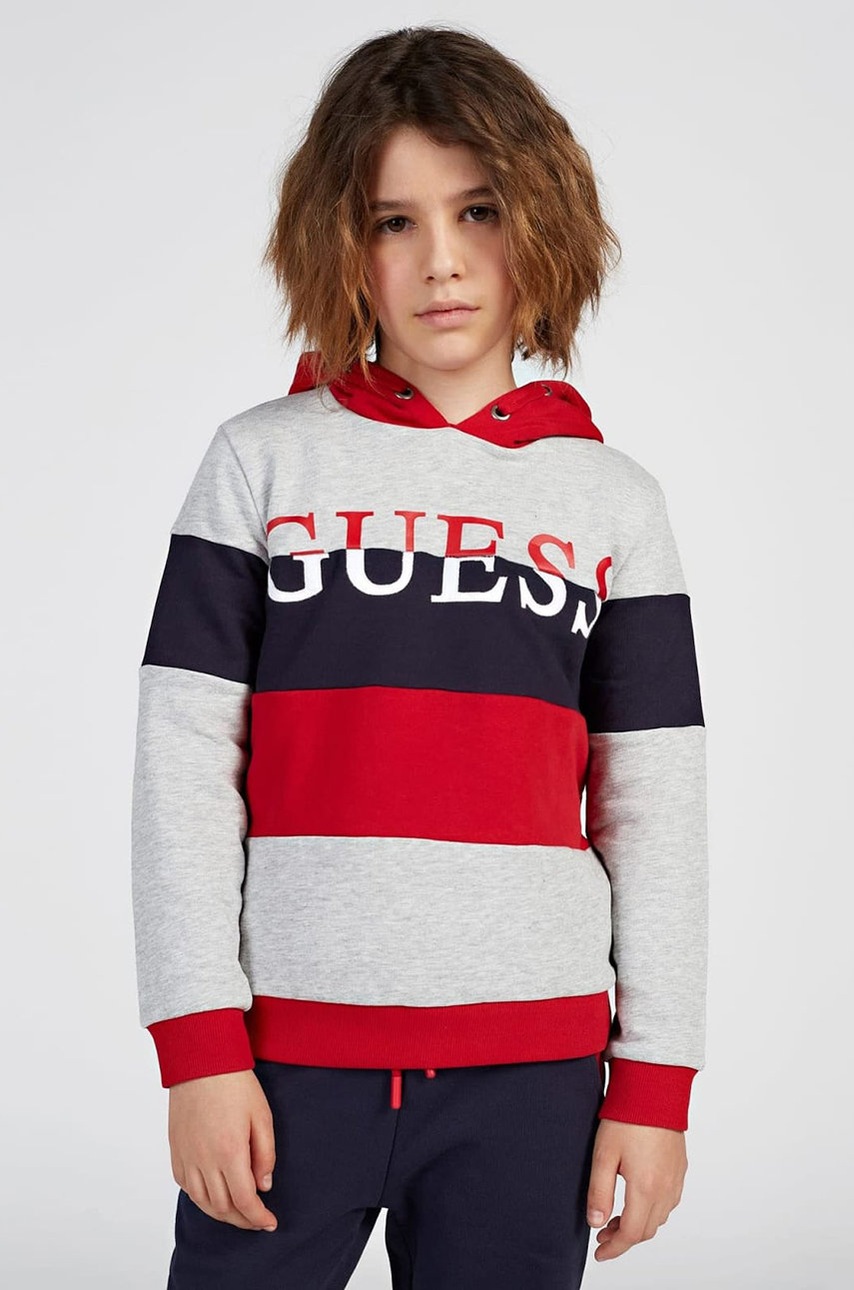 

Дитяча бавовняна кофта Guess колір сірий з аплікацією