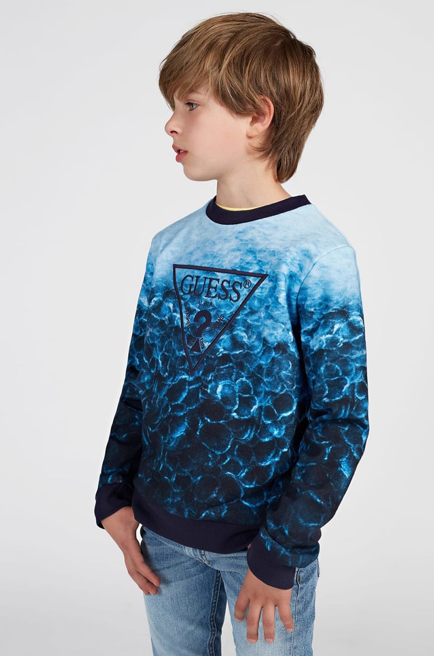 

Детски памучен суичър Guess с десен, Син
