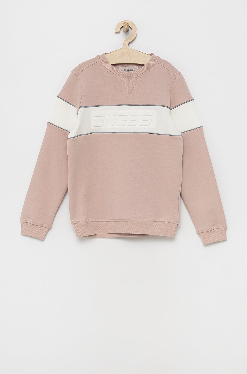 

Детски суичър Guess в бежово с апликация, Розов